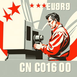 A visually striking Soviet-style propaganda poster from the 1950s, showcasing a dedicated CNC machine operator actively working at a CNC lathe