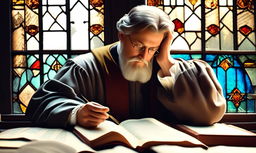 Artistic profile picture of a Renaissance scholar engrossed in ancient texts, surrounded by intellectual artifacts, bathed in the soft hues of a stained glass window.