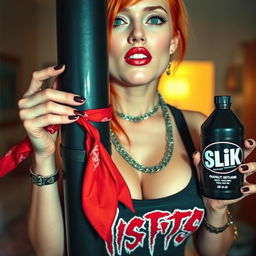 A close-up shot of a sexy female redhead with a large chest and noticeable cleavage, wearing a 'Misfits' tank top adorned with punk chains