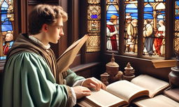 Artistic profile picture of a Renaissance scholar engrossed in ancient texts, surrounded by intellectual artifacts, bathed in the soft hues of a stained glass window.