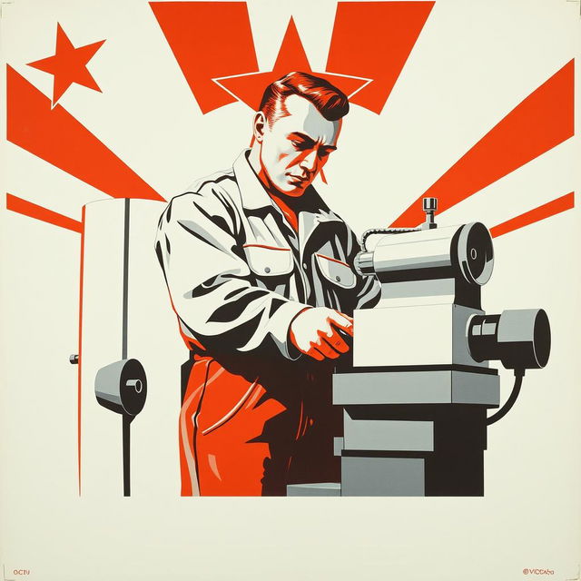 An engaging Soviet-style propaganda poster from the 1950s, focusing on a CNC machine operator diligently working at a CNC lathe