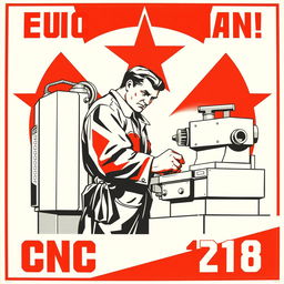 An engaging Soviet-style propaganda poster from the 1950s, focusing on a CNC machine operator diligently working at a CNC lathe
