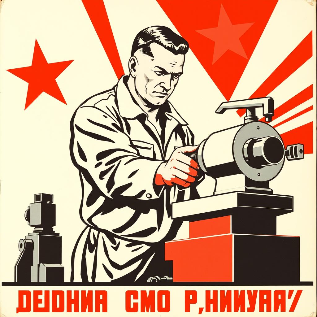 An engaging Soviet-style propaganda poster from the 1950s, focusing on a CNC machine operator diligently working at a CNC lathe