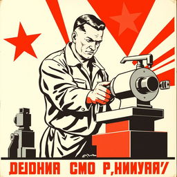 An engaging Soviet-style propaganda poster from the 1950s, focusing on a CNC machine operator diligently working at a CNC lathe