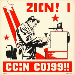 An engaging Soviet-style propaganda poster from the 1950s, focusing on a CNC machine operator diligently working at a CNC lathe
