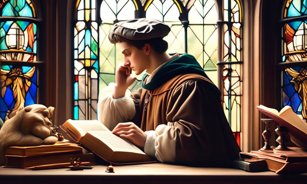 Artistic profile picture of a Renaissance scholar engrossed in ancient texts, surrounded by intellectual artifacts, bathed in the soft hues of a stained glass window.