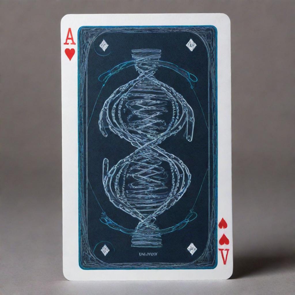 Design a sleek, futuristic playing card named 'DNAproof', adorned with DNA strands, symbolizing proofreading in genetics. The card holds the power to swap a high-valued card from an opponent's deck.