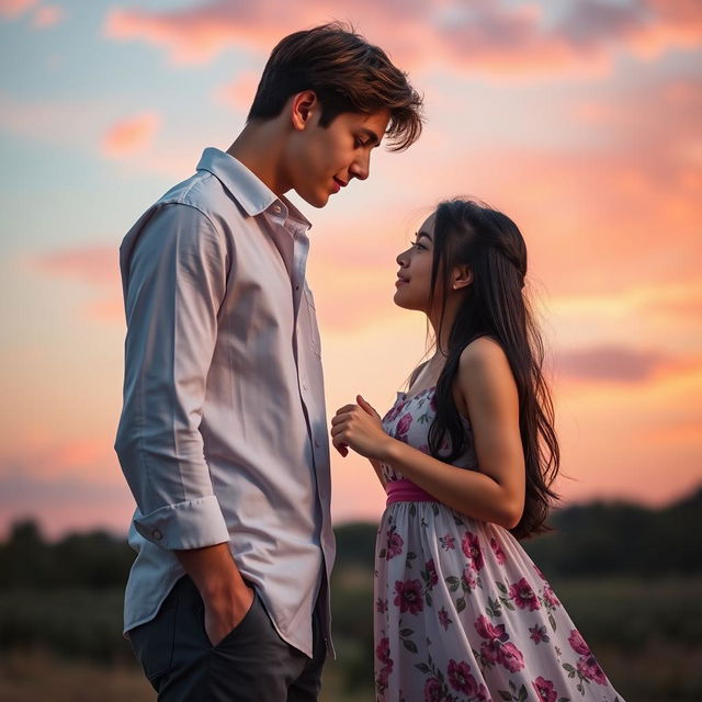 A romance book cover featuring a 6ft tall teenage boy with brown hair and a formal shirt that accentuates his handsome appearance, standing slightly apart from a 5'2ft teenage girl with long black hair styled in a butterfly haircut