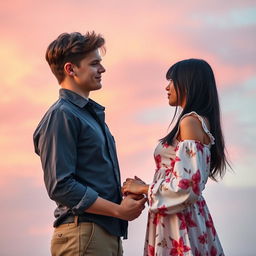 A romance book cover featuring a 6ft tall teenage boy with brown hair and a formal shirt that accentuates his handsome appearance, standing slightly apart from a 5'2ft teenage girl with long black hair styled in a butterfly haircut