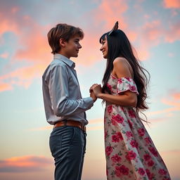 A romance book cover featuring a 6ft tall teenage boy with brown hair and a formal shirt that accentuates his handsome appearance, standing slightly apart from a 5'2ft teenage girl with long black hair styled in a butterfly haircut