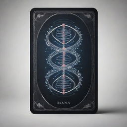 Design a sleek, futuristic playing card named 'DNAproof', adorned with DNA strands, symbolizing proofreading in genetics. The card holds the power to swap a high-valued card from an opponent's deck.