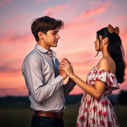 A romance book cover featuring a 6ft tall teenage boy with brown hair and a formal shirt that accentuates his handsome appearance, standing slightly apart from a 5'2ft teenage girl with long black hair styled in a butterfly haircut