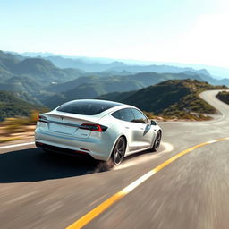 A dynamic scene featuring a white Tesla car maneuvering gracefully through a series of winding curves on a scenic mountain road