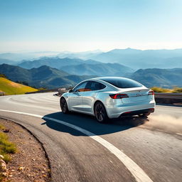 A dynamic scene featuring a white Tesla car maneuvering gracefully through a series of winding curves on a scenic mountain road