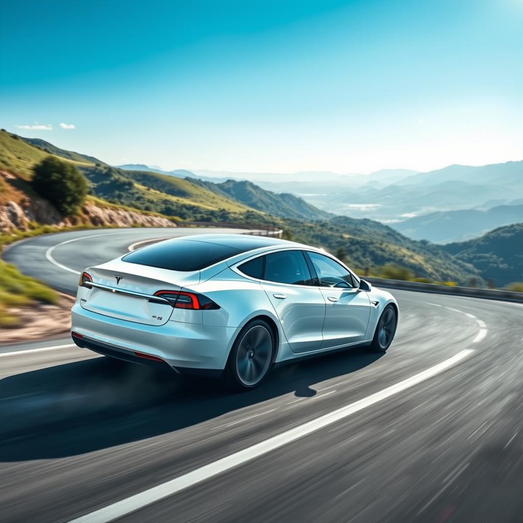 A dynamic scene featuring a white Tesla car maneuvering gracefully through a series of winding curves on a scenic mountain road