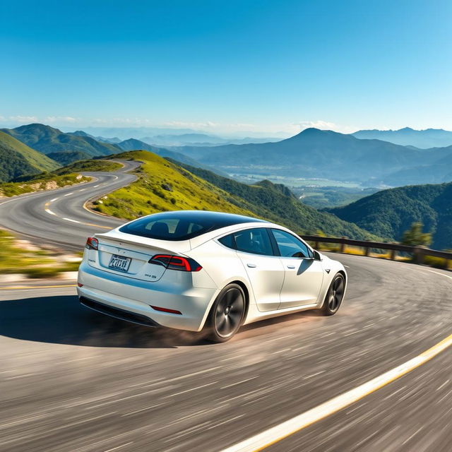 A dynamic scene featuring a white Tesla car maneuvering gracefully through a series of winding curves on a scenic mountain road