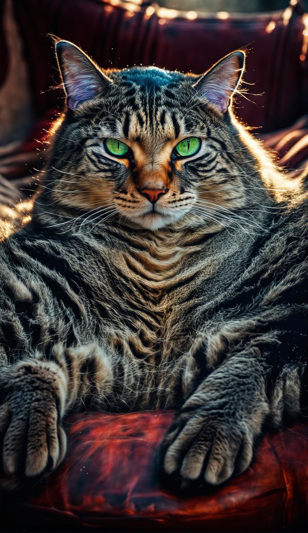 An omnipresent, cosmically huge tabby cat with vibrant green eyes fills the entire frame, its astronomical belly engulfing the scene. The background is blurred to emphasize the enormity of the cat.