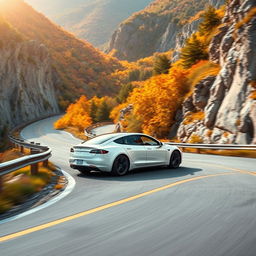 A dynamic scene featuring a sleek white Tesla car elegantly navigating through a series of sharp, winding curves on a picturesque mountain road