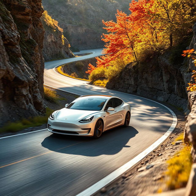 A dynamic scene featuring a sleek white Tesla car elegantly navigating through a series of sharp, winding curves on a picturesque mountain road