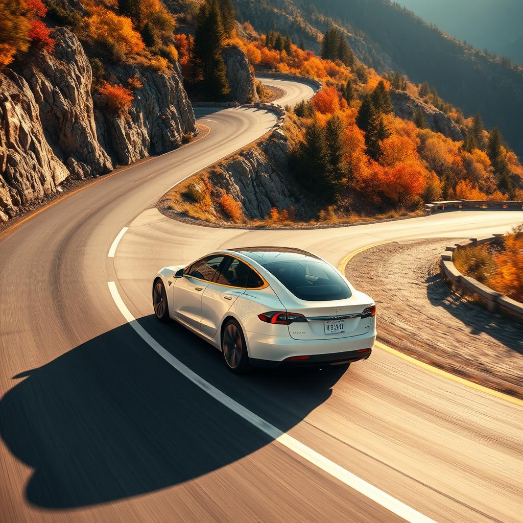 A dynamic scene featuring a sleek white Tesla car elegantly navigating through a series of sharp, winding curves on a picturesque mountain road