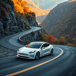 A dynamic scene featuring a sleek white Tesla car elegantly navigating through a series of sharp, winding curves on a picturesque mountain road