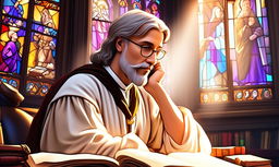 Artistically rendered profile picture of a Renaissance scholar amidst a symphony of ancient texts and intellectual artifacts, under the ethereal glow of a stained glass window.