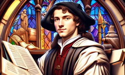 Artistically rendered profile picture of a Renaissance scholar amidst a symphony of ancient texts and intellectual artifacts, under the ethereal glow of a stained glass window.