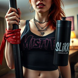 A close-up torso shot of a sexy female redhead, wearing a 'Misfits' tank top, adorned with punk chains