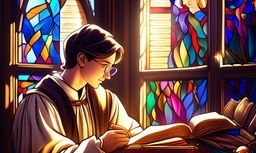 Artistically rendered profile picture of a Renaissance scholar amidst a symphony of ancient texts and intellectual artifacts, under the ethereal glow of a stained glass window.