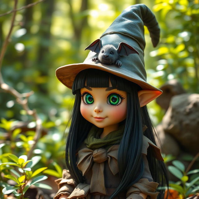 A charming female forest gnome with sleek black hair, adorned with a fluffy bat playfully nestled within