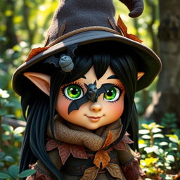 A charming female forest gnome with sleek black hair, adorned with a fluffy bat playfully nestled within