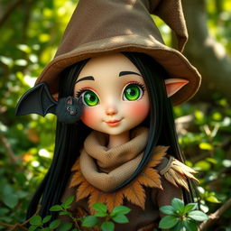A charming female forest gnome with sleek black hair, adorned with a fluffy bat playfully nestled within