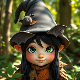 A charming female forest gnome with sleek black hair, adorned with a fluffy bat playfully nestled within