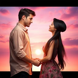 A romance book cover featuring a 6ft tall man with brown hair and a 5'2ft woman with long black hair styled in a butterfly haircut