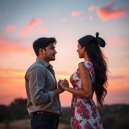 A romance book cover featuring a 6ft tall man with brown hair and a 5'2ft woman with long black hair styled in a butterfly haircut