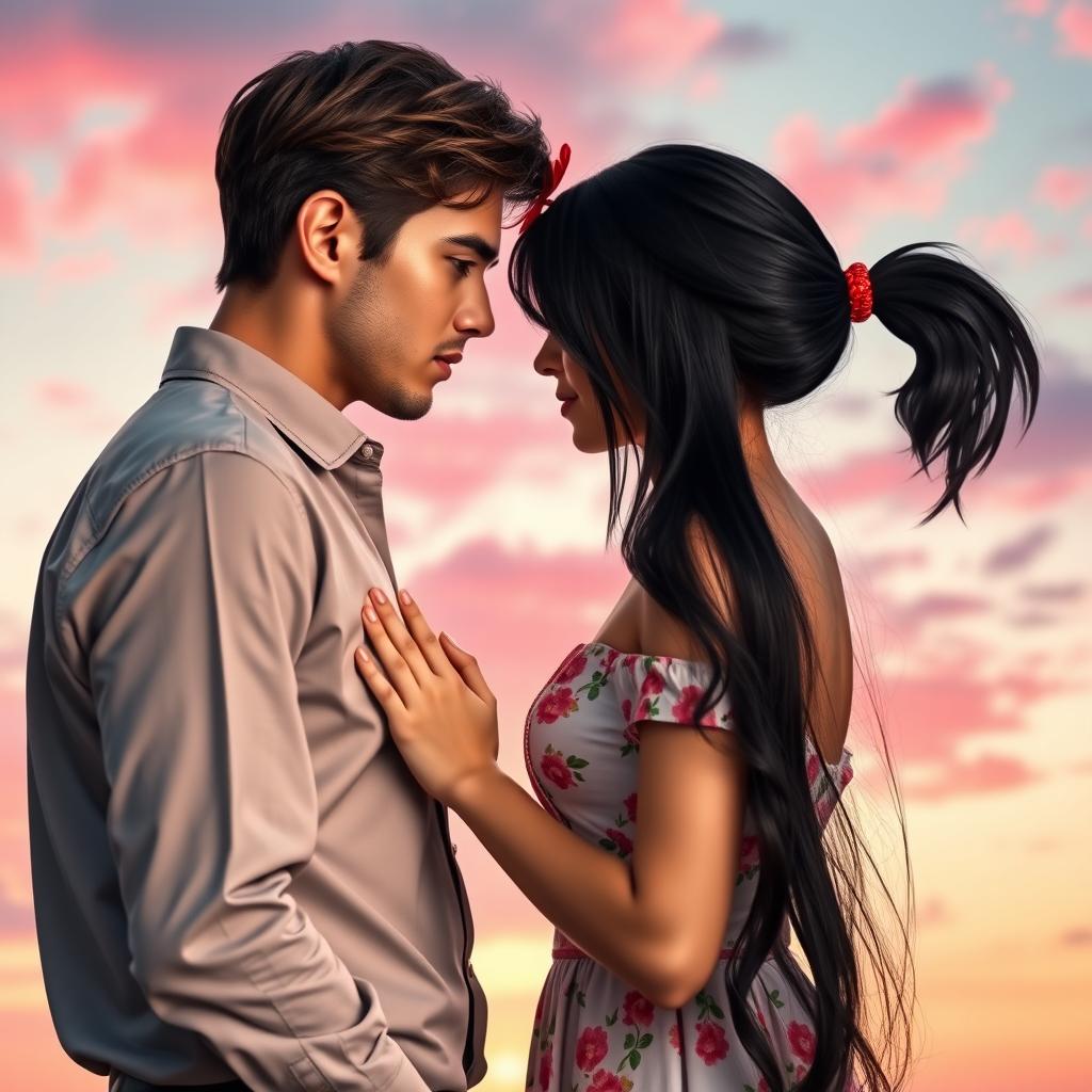 A romance book cover featuring a 6ft tall man with brown hair and a 5'2ft woman with long black hair styled in a butterfly haircut