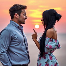 A romance book cover featuring a 6ft tall man with brown hair and a 5'2ft woman with long black hair styled in a butterfly haircut