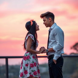 A romantic book cover featuring a 6ft tall teenage boy with brown hair and a 5'2ft teenage girl with long black hair styled in a butterfly haircut