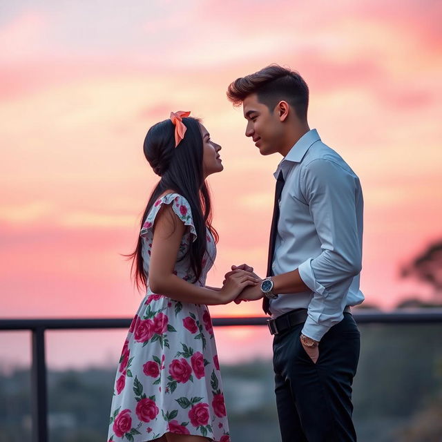 A romantic book cover featuring a 6ft tall teenage boy with brown hair and a 5'2ft teenage girl with long black hair styled in a butterfly haircut