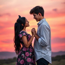 A romantic book cover featuring a 6ft tall teenage boy with brown hair and a 5'2ft teenage girl with long black hair styled in a butterfly haircut