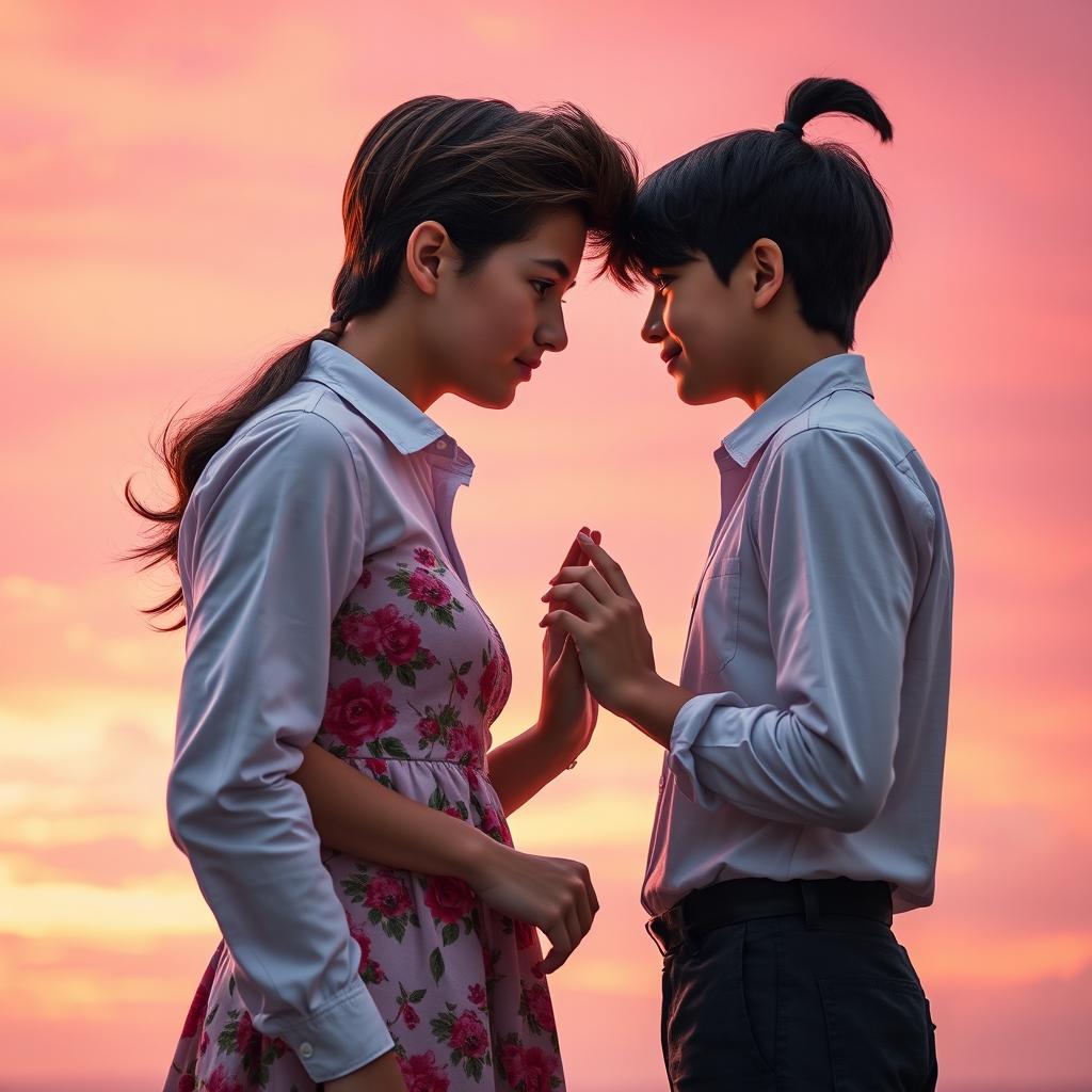 A romantic book cover featuring a 6ft tall teenage boy with brown hair and a 5'2ft teenage girl with long black hair styled in a butterfly haircut