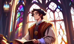 Profile picture of a Renaissance scholar, abstractly rendered amidst a symphony of ancient texts and intellectual artifacts, under the dramatic play of light from a stained glass window.