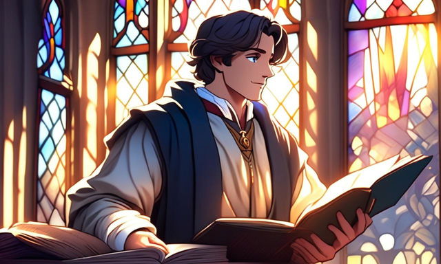 Profile picture of a Renaissance scholar, abstractly rendered amidst a symphony of ancient texts and intellectual artifacts, under the dramatic play of light from a stained glass window.