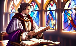 Profile picture of a Renaissance scholar, abstractly rendered amidst a symphony of ancient texts and intellectual artifacts, under the dramatic play of light from a stained glass window.