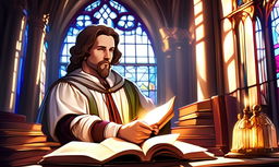 Profile picture of a Renaissance scholar, abstractly rendered amidst a symphony of ancient texts and intellectual artifacts, under the dramatic play of light from a stained glass window.