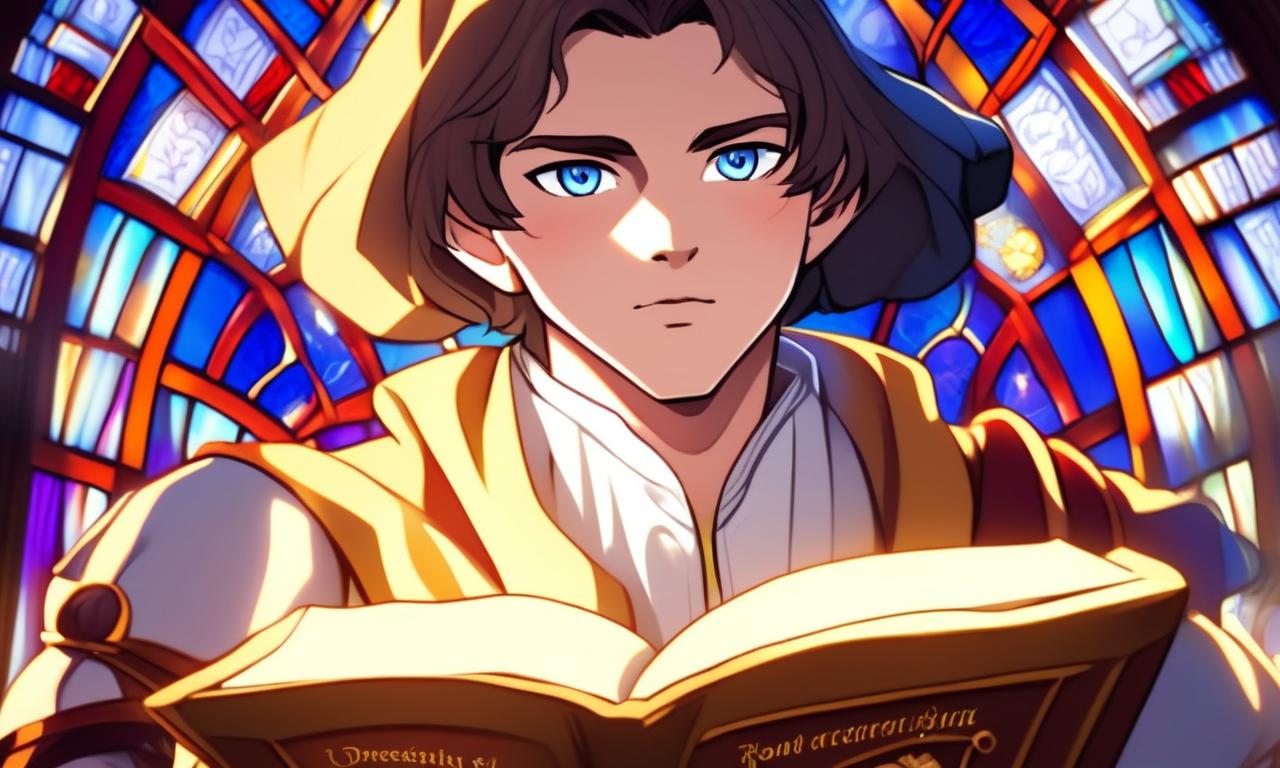 Profile picture of a Renaissance scholar, abstractly rendered amidst a symphony of ancient texts and intellectual artifacts, under the dramatic play of light from a stained glass window.