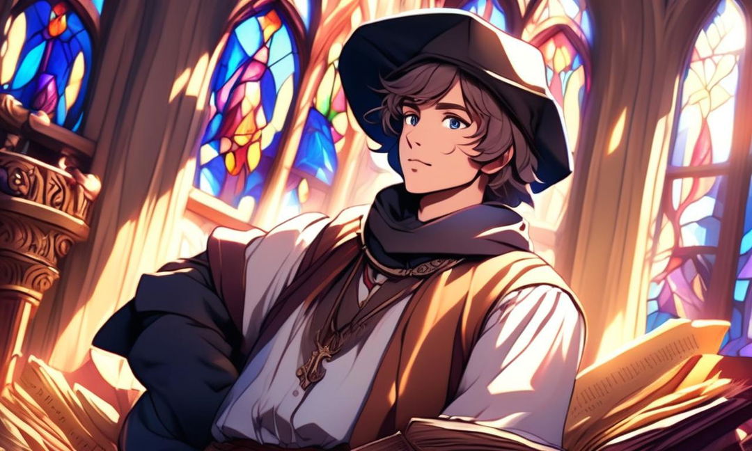 Profile picture of a Renaissance scholar, abstractly rendered amidst a symphony of ancient texts and intellectual artifacts, under the dramatic play of light from a stained glass window.