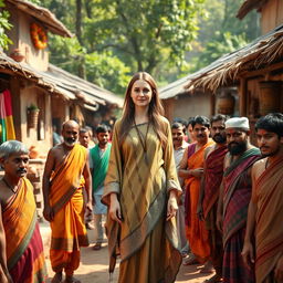 A scene depicting a white female standing confidently in a vibrant Indian village, surrounded by a diverse group of Indian men