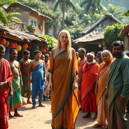 A scene depicting a white female standing confidently in a vibrant Indian village, surrounded by a diverse group of Indian men