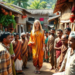 A scene depicting a white female standing confidently in a vibrant Indian village, surrounded by a diverse group of Indian men